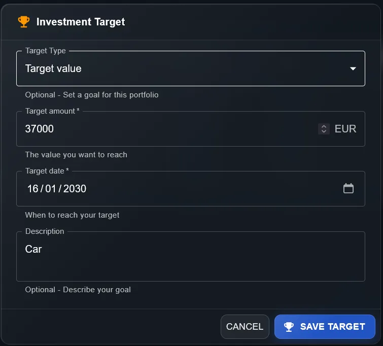 DonkyCapital — Target Value goal setup